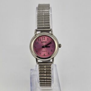 25MM Women's Watch Pink Dial Gray Expandable Bracelet Band 6" New Battery